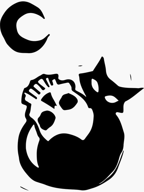 " Spooky Fun: Black Cat Batting Skull Under Crescent Moon" Sticker for Sale by InkStation24 | Redbubble Spooky Moon Drawing, Halloween Cat Illustration, Spooky Logo, Black Cat Tattoos, Black Cat Sticker, Patch Pants, Animal Stencil, Cat Patch, Cat Skull