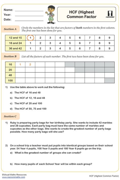 This educational worksheet offers students a hands-on way to strengthen their understanding of the highest common factor (HCF). By analyzing the common factors of numbers, determining the HCF for pairs of numbers, and solving word problems involving HCF, students can enhance their math skills in an engaging manner. Perfect for practicing and applying HCF concepts in a variety of contexts, this worksheet provides valuable reinforcement for learners aiming to master this mathematical concept. Factors Of Numbers, Highest Common Factor, Year 9 Maths Worksheets, Ks3 Maths Worksheets, Year 8 Maths Worksheets, Ks1 Maths Worksheets, Year 6 Maths Worksheets, Year 5 Maths Worksheets, Year 7 Maths Worksheets