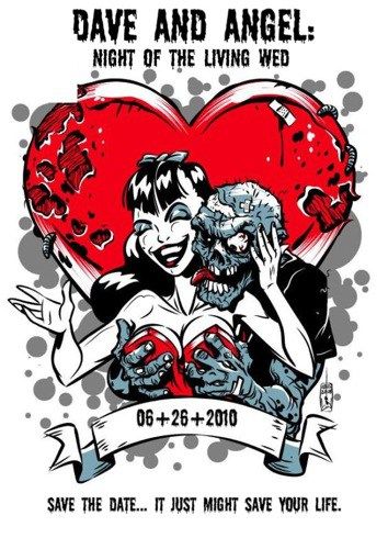 The spookiest, creepiest wedding invitations you'll ever see | Offbeat Bride Creepy Wedding, Zombie Wedding, Halloween Wedding Invitations, Punk Wedding, Halloween Wedding Ideas, Halloween Weddings, Zombie Love, Zombies 3, Rockabilly Wedding