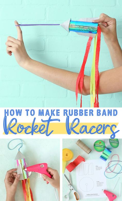 Learn how to make these fun rubber band rockets out of toilet paper tubes that your kids can launch through the sky over and over again. They fly so high and are so fun! Toilet Paper Tubes, Paper Rockets, Rocket Craft, Duck Crafts, Diy Rocket, Rubber Band Crafts, School Age Activities, Stem Classes, Rockets For Kids