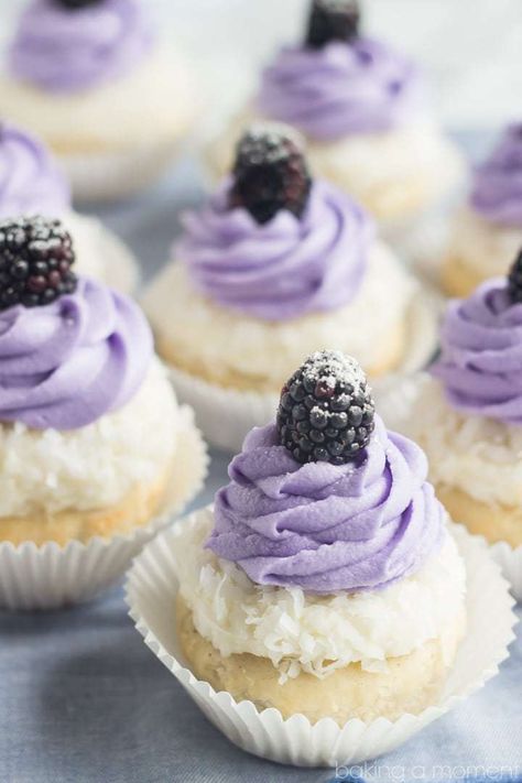 Blackberry Coconut Cupcakes- oh my!  So dreamy and light, and that blackberry filling was such a fun surprise! Blackberry Coconut Cupcakes, Purple Desserts, Kek Lapis, Fun Cupcake Recipes, Delicious Cupcakes, Coconut Cupcakes, Baking Cupcakes, Yummy Cupcakes, Fun Cupcakes