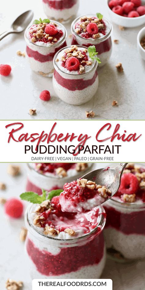 Raspberry Chia Pudding Parfait | This Raspberry Chia Pudding Parfait is dairy-free and contains an excellent source of fiber – 12 grams per serving! A perfect vegan and paleo-friendly recipe for all to enjoy this spring and summer. || The Real Food Dietitians #paleo #vegan #parfait #therealfoodrds Paleo Parfait, Vegan Parfait, Chia Dessert, Pudding Parfait Recipes, Chia Pudding Parfait, Raspberry Chia Pudding, Pudding Recept, Chia Puddings, Chia Parfait