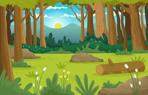 Sunrise Summer on Forest Background Animals And Their Homes, Children's Book Layout, Farm Cartoon, Forest Cartoon, Landscape Clipart, Forest Drawing, Woodland Art, Forest Background, Forest Illustration