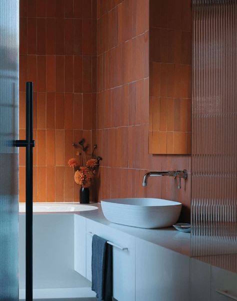 TERRACOTTA | Middle Earth Tiles Deep Red Bathroom, Terracotta Bathroom Tiles, Red Tile Bathroom, Terracotta Tiles Bathroom, Moroccan Inspired Bathroom, Terracotta Bathroom, Orange Bathrooms, Glazed Tiles, Paint Colour