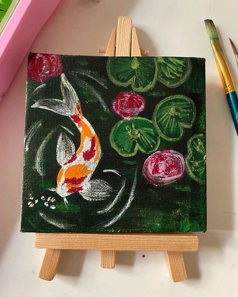 Koi Fish Painting Canvas, Painting Inspiration Small Canvas, Gouache Paintings Aesthetic, Mini Acrylic Painting Ideas, Miniature Canvas Painting Ideas, Gouache Mini Painting, 6x6 Painting Ideas, Small Square Painting Ideas, Small Gouache Painting