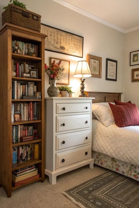 Ideas for using a dresser as a nightstand: Maximize storage stylishly. Dresser As Night Stand, Dresser With Shelves Above, Dresser Next To Bed, Library Bedroom Ideas, Dresser Alternative, Dresser Top Decor, Hobbit Home, Rustic Dresser, Summer Mantle