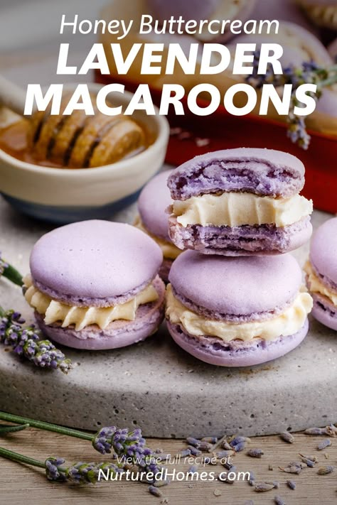 Lavender Dessert Recipes, Lavender Desserts, Lavender Dessert, Honey Buttercream, French Macaroon Recipes, Lavender Macarons, Macaroons Recipe, Macaron Recipes, Lavender Recipes