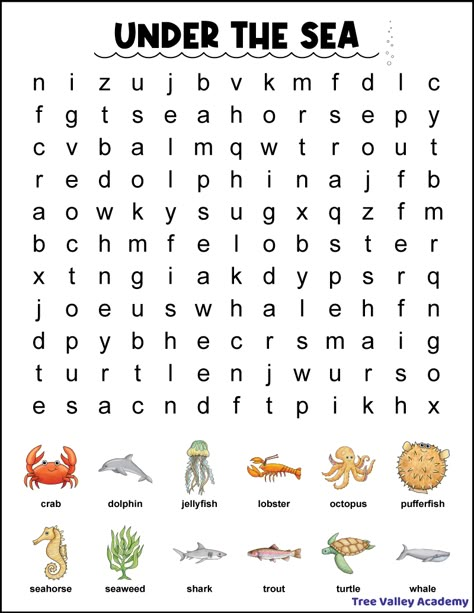 Sea Animal Printables Free, Elementary Word Search, 1st Grade Word Search, Word Search For Grade 1, Ocean Activity For Kids, Word Search For Kids Free Printable, Word Search Aesthetic, Wordsearches For Kids Free Printable, First Grade Word Search