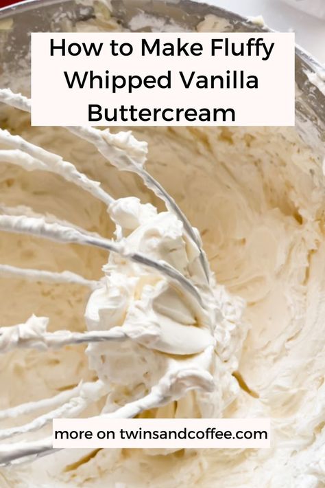 This buttercream frosting recipe is both fluffy + easy to make! The whipped buttercream is a lighter version of buttercream icing, kind of like a mix of whipped topping icing and regular buttercream icing. It is perfect for cakes, cupcakes, or by the spoonful! Jello Icing, Buttercream Cake Frosting, Whipped Icing Recipes, Vanilla Icing Recipe, Vanilla Buttercream Cake, Icing Recipe For Cake, Vanilla Buttercream Recipe, Whipped Buttercream Frosting, Best Frosting Recipe