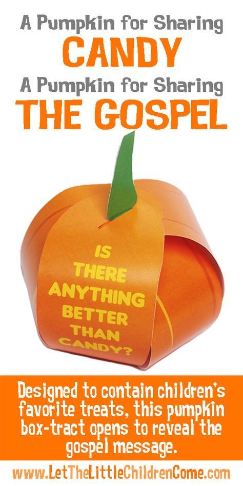 Give out more than just candy with these Halloween tracts! This attractive pumpkin shaped Box-Tract is designed to contain children’s favorite treats. More importantly, the pumpkin opens to reveal the gospel message. Halloween Tracts, Evangelism Ideas, Church Halloween, Bible Object Lessons, Childrens Sermons, Preschool Bible, Bible School Crafts, Church Activities, Bible Activities