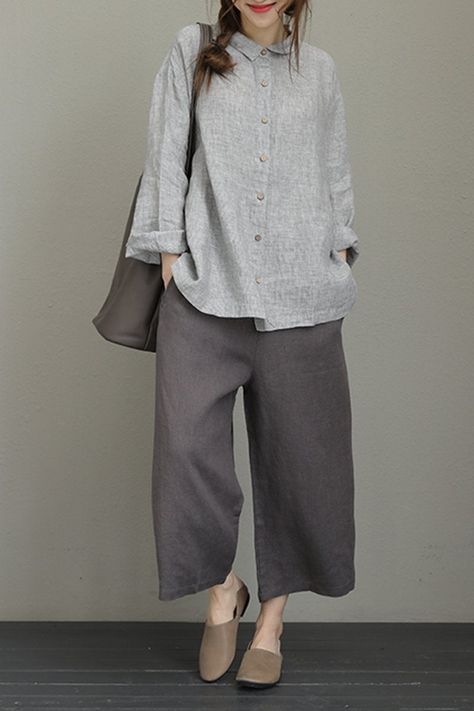 Name: Women Loose Vintage Wide Leg Linen Pants Fabric: Fabric has no stretchSeason: Spring,Summer Pant Type: Wide leg Pant Length: LongColor: Beige,Black,Gray,GreenStyle: CasualMaterial: Linen Model Size: One Size Height/weight:169 cm/56 kg Free Size: please let me know your body size (Height,Weight,Bust,Waist,Hip), so I can give some advice. Length: 80 cm, Waist:68-96 cm, Hip:112 cm,Cuff:58 cm Linen Shirt Women, Kain Linen, Minimalist Moda, Linen Shirts Women, Striped Shirt Women, Striped Linen Shirt, Mode Abaya, Linen Fashion, Neue Outfits