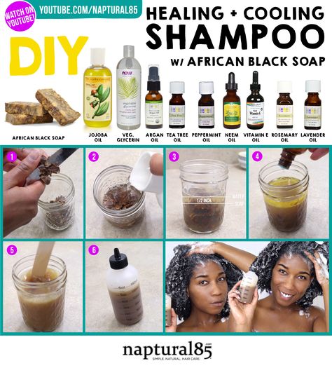 Naptural85 - DIY Shampoo with African Black Soap! Homemade, Healing, Moisturizing and Cooling DIY Shampoo perfect to help heal scalp conditions and promote hair growth! Diy African Black Soap, Black Soap Shampoo, Diy Shampoo Recipe, Homemade Natural Shampoo, Natural Hair Diy, Diy Shampoo, Natural Hair Care Tips, African Black Soap, Homemade Hair Products