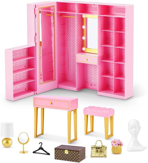 Amazon.com: Mini Brands Mini Fashion Dream Wardrobe by ZURU with Exclusive Metallic Mini Fashion Bag and 25+ Storage Areas to Hold Doll Accessories Gift : Toys & Games Light Up Vanity, Jewelry Table Display, Pink Closet, Mini Brands, Wardrobe Accessories, Barbie Accessories, Barbie Collection, Mini Handbags, Mini Fashion