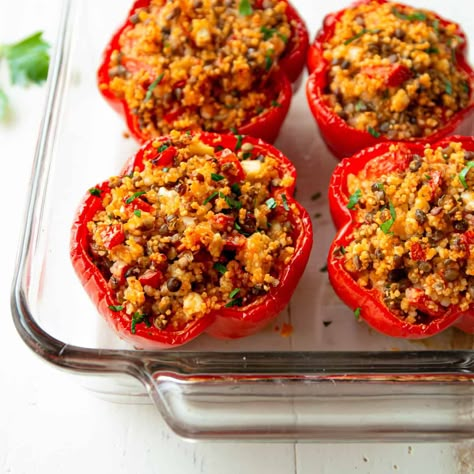 Mediterranean Stuffed Peppers with Couscous and Feta - Inquiring Chef Stuffed Peppers With Couscous, Couscous Stuffed Peppers, Mediterranean Stuffed Peppers, Feta Stuffed Peppers, Family Vegetarian Meals, Cooked Lentils, Baked Peppers, Mediterranean Couscous, Vegetarian Stuffed Peppers