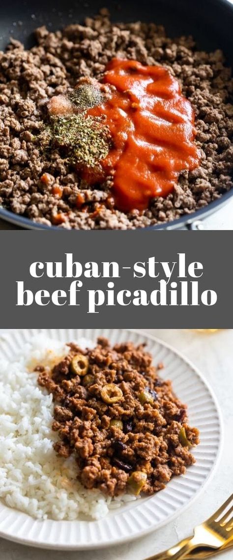 Cuban-Style Beef Picadillo Recipe. A simple and flavorful ground beef dish made Cuban-style with tomato sauce, spices, olives, and raisins. Perfect weeknight meal! #cubanfood #picadillo #cubanrecipes #picadillorecipes #groundbeef #dinner #dinnerrecipes Cuban Picadillo Recipe, Picadillo Recipe Cuban Authentic, Cuban Ground Beef Picadillo, Puerto Rican Picadillo Ground Beef, Cuban Picadillo, Beef Picadillo, Picadillo Recipe, Cuban Dishes, Ground Beef Dishes