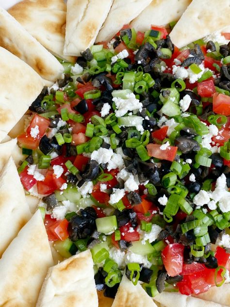 Greek Dip Recipe | Dip Recipe | Party Dips | Appetizer Recipe | This Greek inspired party dip is the best Dip Recipe you will make! Layers of cream cheese, yogurt, spices, tomatoes, cucumbers, olives, and feta cheese. Serve with crackers and pita bread for an amazing appetizer. #diprecipes #appetizers #superbowlrecipes #greekdip #recipeoftheday Pita Bread Dip Recipes, Dips With Pita Bread, Greek Inspired Party, Bread Appetizers Easy, Greek Dip Recipes, Bread Dips Recipes, Party Appetizer Dips, Mental Diet, Best Dip