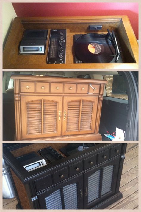 Magnavox Stereo Console with turntable. Painted with Rustoleum Oil Rubbed Bronze. I love this treasure!! Old Record Player Cabinet, Vintage Record Player Cabinet, Retro Stereo, Vintage Stereo Console, Diy Turntable, Record Player Console, Old Record Player, Record Console, Music Den