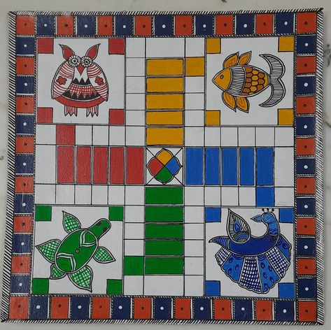 Madhubani Ludo Board, Ludo Board, Madhubani Art, Madhubani Painting, Art Works, Kids Rugs, Paintings, Quick Saves, Home Decor