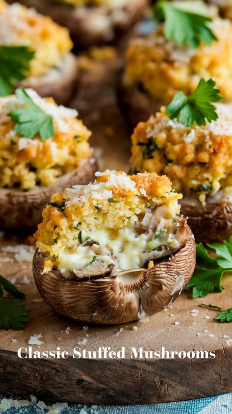 Classic Stuffed Mushrooms with breadcrumb and cheese filling on a rustic wooden board, garnished with fresh parsley and grated Parmesan Low Fat Appetizers, Classic Stuffed Mushrooms, Vegetarian Pie Recipes, Pizza Sides, Vegetarian Pie, Vegetable Pot Pies, Make Ahead Appetizers, Yum Yum Sauce, Shrimp Skewers