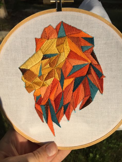 Geometric Embroidery Designs Modern, Geometric Embroidery Designs, Pop Art Embroidery, Geometric Embroidery Patterns, Blanket Stitch Embroidery, Lion Embroidery Design, Embroidery Lion, Embroidery Folk Art, Seed Stitch Blanket