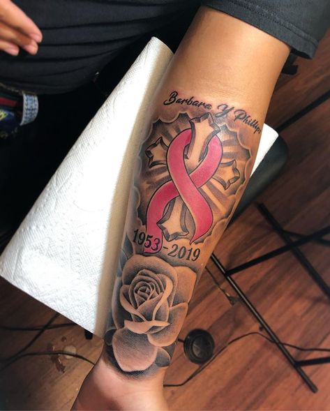 Her first tattoo dedicated to her grandmother 🙏🏽 @bandupjazlo #mostdopeink #detroit #detroittattooartist Name Ribbon Tattoo, Fathers Keeper Tattoo, Rip Mom Tattoo Ideas For Daughter, Upper Arm Tattoos Black Women, Grandmother Tattoo, Rip Tattoos, Rip Tattoos For Mom, Pink Ribbon Tattoos, Arm Tattoos Black