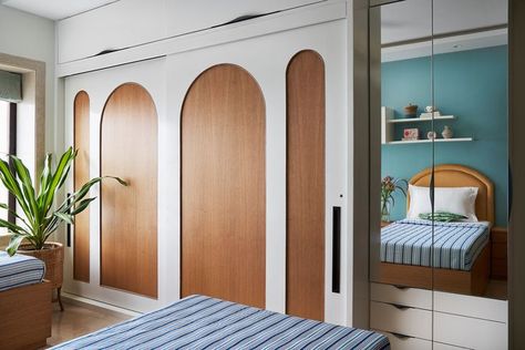 Twin Kids Bedroom, Custom Bar Cabinet, Wardrobe Shutters, Twin Boy And Girl, Sliding Wardrobe Designs, Sliding Wardrobe Design, High Rise Apartment, Kids Bed Design, Luxury Residence