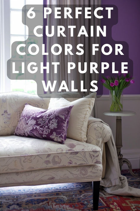 Ready to give your space a fresh new look? Discover the curtain colors that will transform your room with light purple walls. From elegant neutrals to bold and vibrant shades, this blog post has all the inspiration you need to create a stunning ambiance. Don't miss out on the perfect curtain colors that will complement your light purple walls flawlessly. Click now to uncover the secrets! #curtaincolors #lightpurplewalls #homedecor #interiordesign #transformation Purple Walls And Curtains, Pink And Purple Walls, Curtains For Lavender Walls, Curtains For Purple Walls, Light Purple Living Room Walls, Lilac Walls Bedroom, Light Purple Walls Bedroom, Light Purple Bedroom Walls, Light Purple Curtains