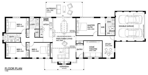 Floor Plan Friday: timeless farmhouse appeal Luxurious Ensuite, Double Island, Shaped House, Formal Lounge, Stacker Doors, Friday Post, Indoor Outdoor Fireplaces, Ideal Family, One Storey House