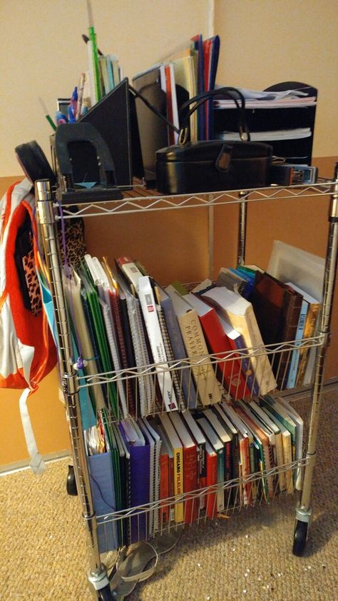 Cart in bedroom to hold all my current textbooks for school along with my backpack and ear buds.  This helps keep my books off the floor. Textbook Organization Storage, Textbook Organization, Textbook Storage, Textbook Storage Classroom, Cart In Bedroom, Workbook Storage Classroom, Organizing Guided Reading Materials, My Backpack, Ear Buds