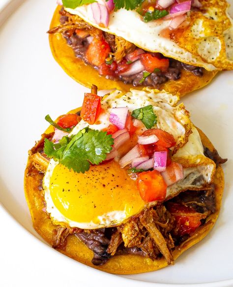 Pulled Pork Breakfast Tostadas - Chef Savvy Pulled Pork Tostadas, Pulled Pork Breakfast, Pork Tostadas, Recipe Pulled Pork, Breakfast Tostada, Breakfast Tostadas, Pork Breakfast, Fresh Corn Salsa, Tostadas Recipe