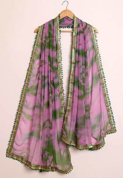 Faux Chiffon Dupatta in Pink and Green This piece is Enhanced with Tie Dye and Patch Border Work Its Length and Width are 82 and 37 inches respectively Do Note: Slight variation in actual color vs. image is possible. Shaded Dupatta Chiffon, Tie Dye Patterns For Dupattas, Tie And Dye Dupatta Patterns, Dyed Dupatta Designs, Tie Dye Dupatta Designs, Tie And Dye Duppta Design, Tye And Dye Dupatta, Simple Dupatta Designs, Dupata Designing Idea