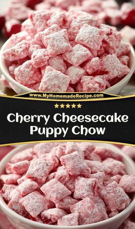 This cherry cheesecake puppy chow is the best puppy chow for a fruity twist. Sweet, crunchy, and full of cheesecake flavor, it’s the ultimate snack for cheesecake lovers Cheesecake Puppy Chow, Birthday Puppy Chow, Red Velvet Puppy Chow, Maraschino Cherry Cheesecake, Cherry Cheesecake Puppy Chow, Strawberry Muddy Buddies, How To Make Puppy Chow, Strawberry Shortcake Puppy Chow, Puppy Chow Flavors