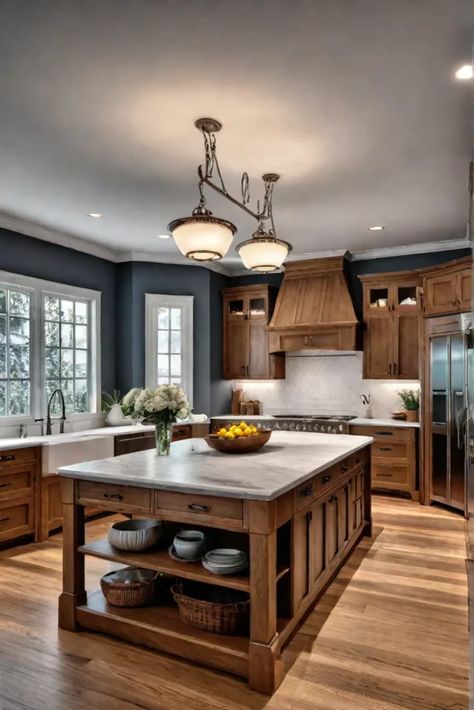 Oak kitchen with butcher block island Custom Wood Kitchen Island, Butcher Block Countertops With Wood Cabinets, Dark Brown Kitchen Island, Butchers Block Island, Kitchen With Butcher Block Island, Butchers Block Kitchen Island, Kitchen With Butcher Block, Butcher Block Islands, Dark Brown Kitchen