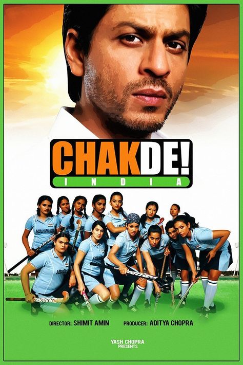 A motley, ragtag women's hockey team from India triumphs against all odds in the World Cup Hockey Tournament, coached by a former India player looking for redemption. India Movie Poster, Chak De India, Hindi Bollywood Movies, Old Film Posters, India Poster, Best Movie Posters, Bollywood Movie, Hindi Movies, Tv Shows Online