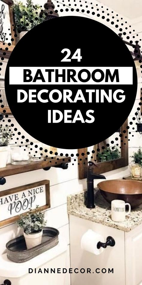 If you've been looking for a little inspiration for your home. Here are 24 bathroom decorating ideas you should try. #bathroomdecoratingideas #bathroomdecor #bathroom #homedecor #decor #decoratingonabudget Ivory Bathroom Ideas Decor, Black And White Decor For Bathroom, Wreath For Bathroom Wall, Black Tan And Green Bathroom, Gray And Black Bathroom Ideas Decor, Brown Black Bathroom Ideas, Bathroom With White Countertop, Black And White Bathroom Shower Curtain Decorating Ideas, Black White Gray Gold Bathroom