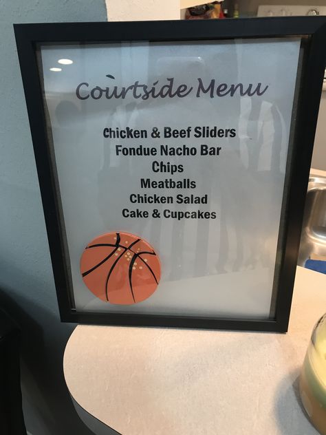 Basketball Baby Shower Menu party idea Pink Basketball Party Ideas, Basketball Concession Stand Party Ideas, Basketball Theme Party Food, Final Four Basketball Party, Sweet 16 Basketball Theme, Basketball Pool Party, Gender Reveal Basketball Theme, Basketball Theme Food, March Madness Baby Shower Ideas