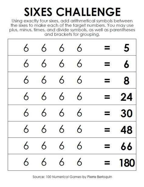 Sixes Number Challenge | Math = Love Junior High Math, Math Logic Puzzles, Elementary Learning, Math Challenge, Basic Math Skills, Math Work, Studying Math, Love Math, Maths Puzzles