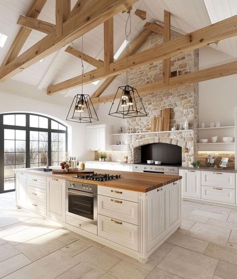 Dream House Inspo Aesthetic, Modern Farm Homes, Barndominium Interior Kitchen, Nice Kitchens Dream Homes, House Goals Aesthetic, Kitchen Wooden Island, Modern Western Kitchen, House Astethic, White Farmhouse Interior