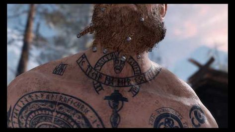 Baldur and most of his tattoos [God of War] - Imgur Freya Tattoo, Tattoos God, Tattoo Finder, Tattoo Composition, Nordic Tattoos, Viking Rune Tattoo, Norse Mythology Tattoo, Scandinavian Tattoo, Vikings Tattoo