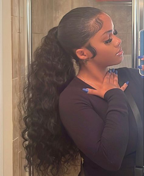 No Part Curly Ponytail, Slik Ponytail Styles Black Women, Wavy Ponytail Black Women, Curly Ponytail Black Women, Prom Hairstyles Black Women, Ponytail Black Women, Hair Inches, Baddie Hair, Weave Ponytail Hairstyles