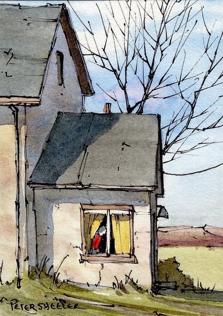 Peter Sheeler, Watercolor House Painting, Line And Wash, Watercolor Art Landscape, Pen And Wash, Watercolor Architecture, Watercolour Inspiration, Architecture Drawing Art, 수채화 그림