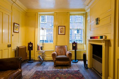 Georgian Panelling, Wood Wall Paneling, Yellow Furniture, Black Fireplace, New Paint Colors, Yellow Wood, Interior Design Images, Yellow Living Room, Yellow Walls