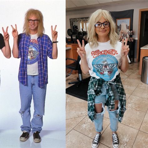 Waynes World Halloween Costume, Wayne’s World Halloween Costume, 90s Costume Party Outfits, Wayne’s World Costume, Wayne’s World, 90s Fancy Dress Ideas Woman, 90s Outfit Ideas 1990s Women, Halloween Costumes 90s Theme, 90s Costume Ideas Woman Movie Characters