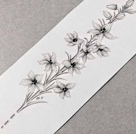 Larkspur Flower Drawing Tattoo Ideas, Larkspur Flower Tattoos, July Birth Flower Tattoo, Larkspur Tattoo, Flower Spine Tattoos, Tattoo For Boyfriend, July Birth Flower, Larkspur Flower, Flower Wrist Tattoos