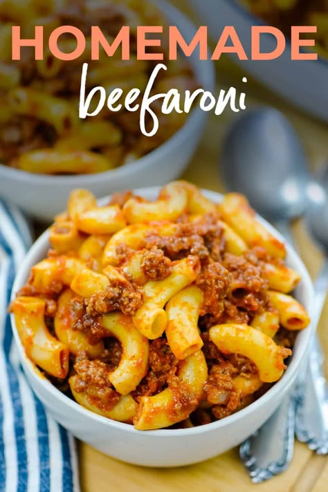 This homemade beefaroni recipe is loaded with savory ground beef mixed with macaroni and tomato sauce. We grew up eating this from a can (hello, Chef Boyardee!), but this homemade version is so much better! Easy Beefaroni Recipe, Homemade Beefaroni Recipe, Homemade Beefaroni, Beefaroni Recipe, Macaroni And Tomatoes, Beef And Pasta, American Goulash, Chef Boyardee, Homemade Hamburgers