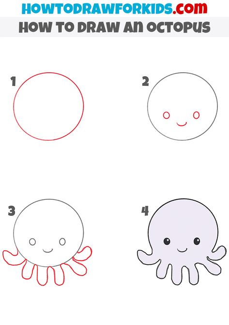 Octopus Drawing Step By Step, How To Draw An Octopus, How To Draw For Kids, How To Draw Octopus, Octopus Drawings, Draw An Octopus, Cute Easy Animal Drawings, Drawing Ideas For Kids, Easy Animal Drawings