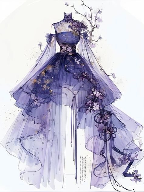 Fantasy Dress Drawing, Wedding Dress 2024, Dreamy Gowns, Dress Design Drawing, Purple Dresses, Clothing Design Sketches, Fantasy Dresses, Fashion Drawing Dresses, Anime Inspired Outfits