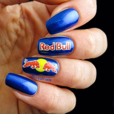 Red Bull Nails F1, Red Bull Nails, Car Nails Designs, F1 Nails Designs, Redbull Nails, F1 Inspired Nails, Formula One Nails, Formula 1 Nail Art, Race Car Nails