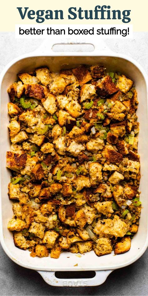 Vegan stuffing in a casserole dish. Best Vegan Stuffing, Vegan Stuffing Recipe, Homemade Stuffing Recipe, Boxed Stuffing, Homemade Stuffing Recipes, Vegan Stuffing, Vegan Thanksgiving Menu, Vegetarian Stuffing, Stove Top Stuffing