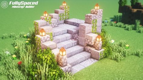 Garden Decor Minecraft, Minecraft Houses Spooky, Cottagecore Stairs Minecraft, Pathways In Minecraft, Front Yard Minecraft, Minecraft Gardens Beautiful, Minecraft Cottagecore Decoration, Aesthetic Minecraft Garden Ideas, Cute Stairs Minecraft